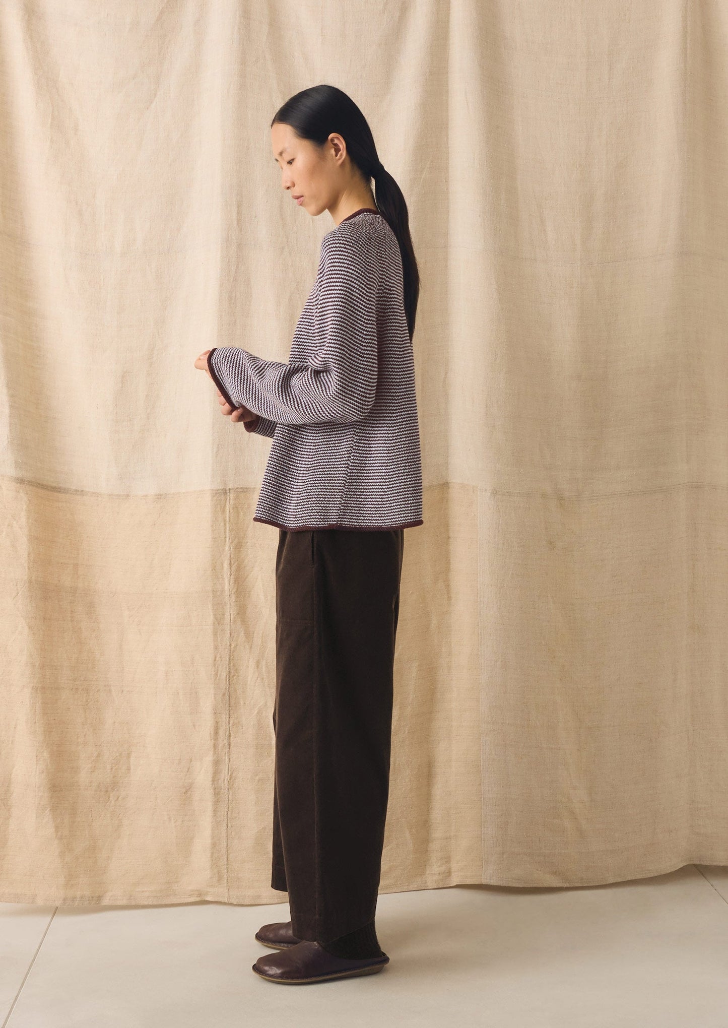 Stripe Linen Cotton Sweater | Brown Ochre/Periwinkle