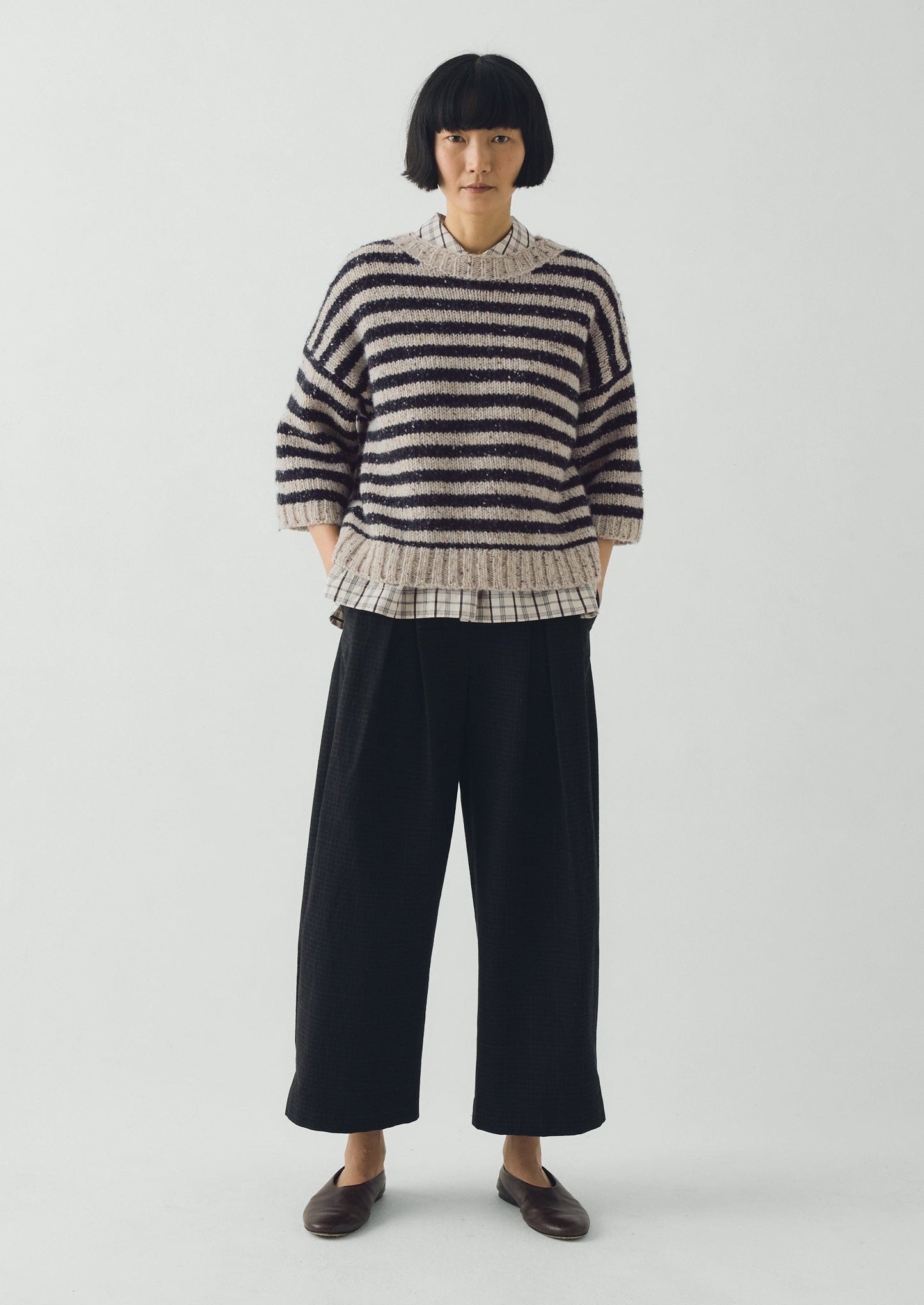 Stripe Donegal Short Sleeve Sweater | Soft Black/Oatmeal