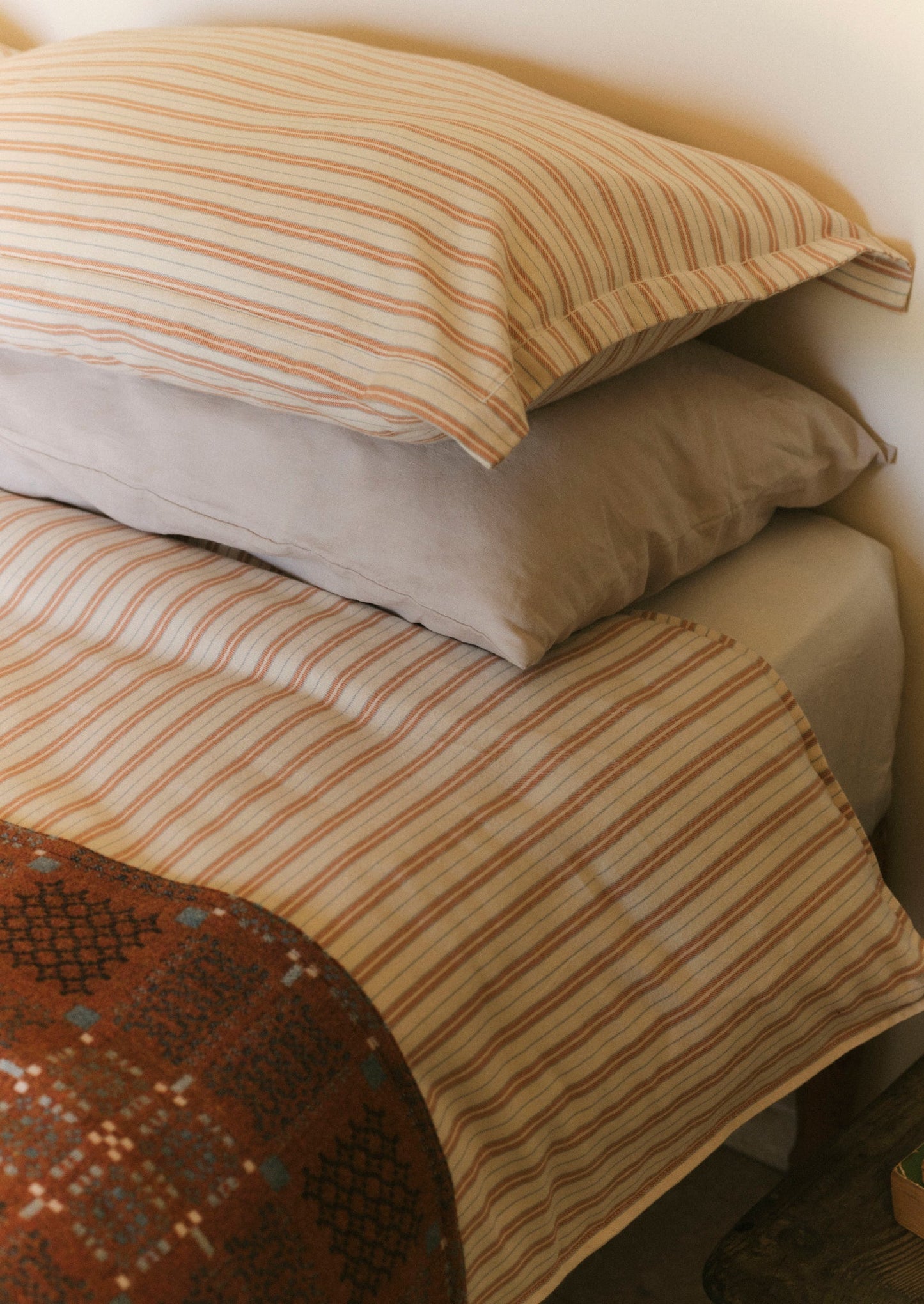 Ines Stripe Cotton Flannel Oxford Pillowcase Set | Apricot/Soft Blue
