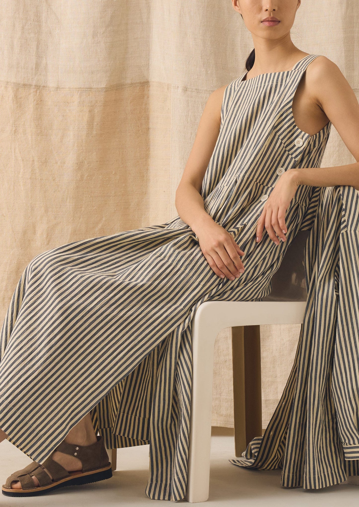 Tablier Stripe Cotton Pinafore Dress | Workshop Blue