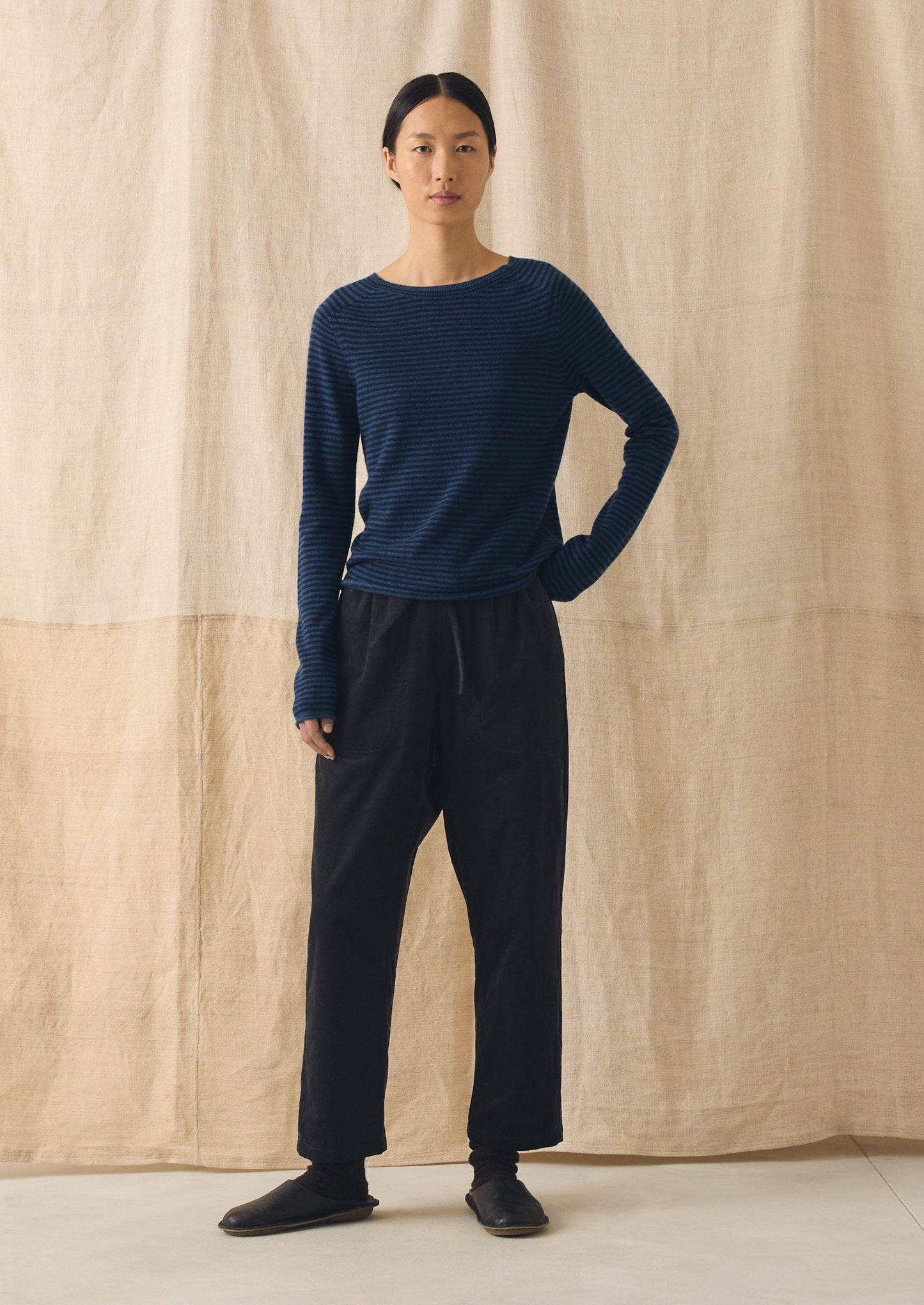 Stripe Wool Cashmere Neat Sweater | Denim Blue/Blue