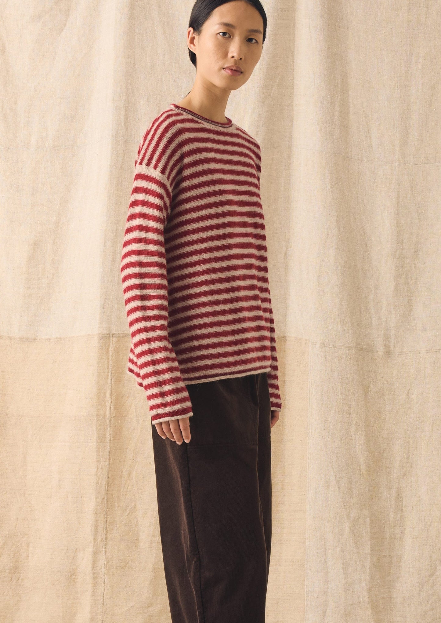 Stripe Lofty Alpaca Wool Sweater | Oatmeal/Red