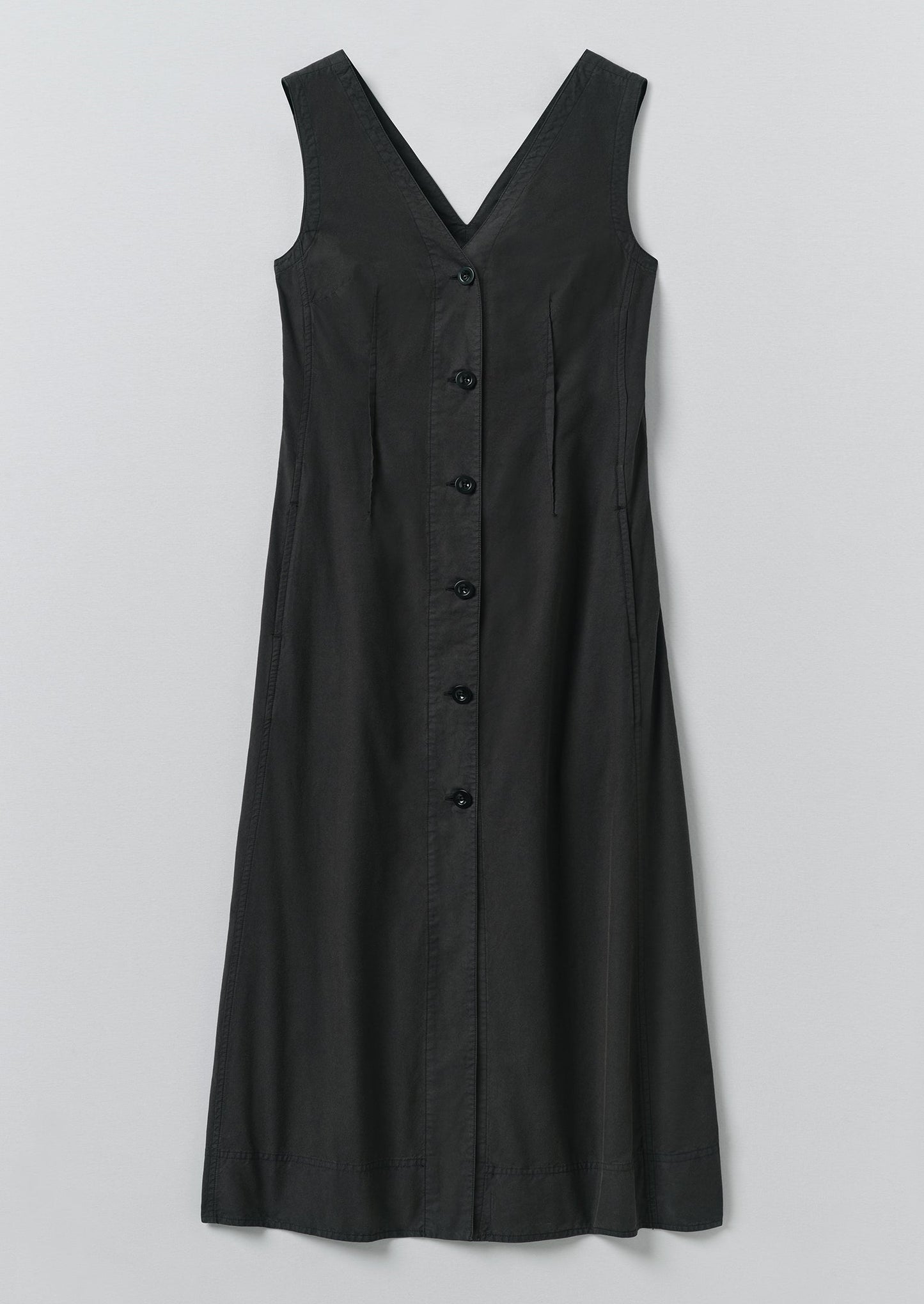 V Neck Cotton Linen Poplin Dress | Washed Black