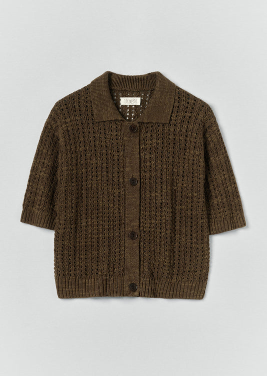 Open Stitch Knitted Linen Cotton Polo | Bronze Green